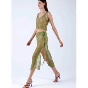 My Beachy Side Hand Crocheted Beaded Net Top Moss Green